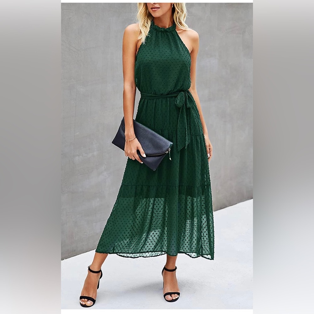 Women's Halter Neck Sleeveless Long Maxi Dress, dark green, backless with belt